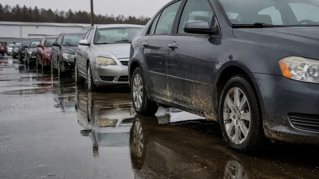 Rows of used cars reflected in puddles on a dealership lot after heavy rain