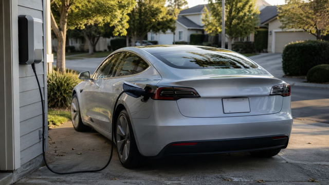 An electric car charging on the driveway of an American home