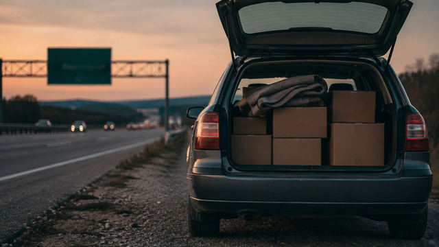 The open tailgate of a car packed with moving boxes on the shoulder of an interstate