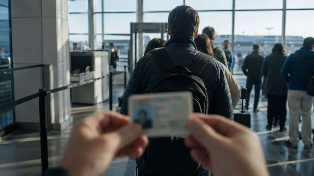 A traveler holds a driver's license while waiting in line at a US airport security checkpoint